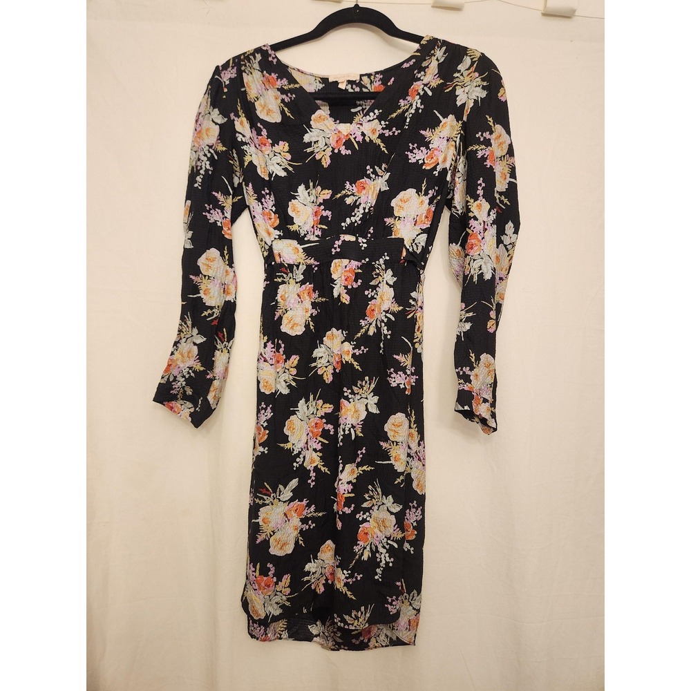 Rebecca Taylor Dress Womens 4 Black Floral Silk Long Sleeve V Neck Tie Waist